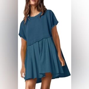 Teal Pleated T-Shirt Mini Dress, Size L, Great Condition